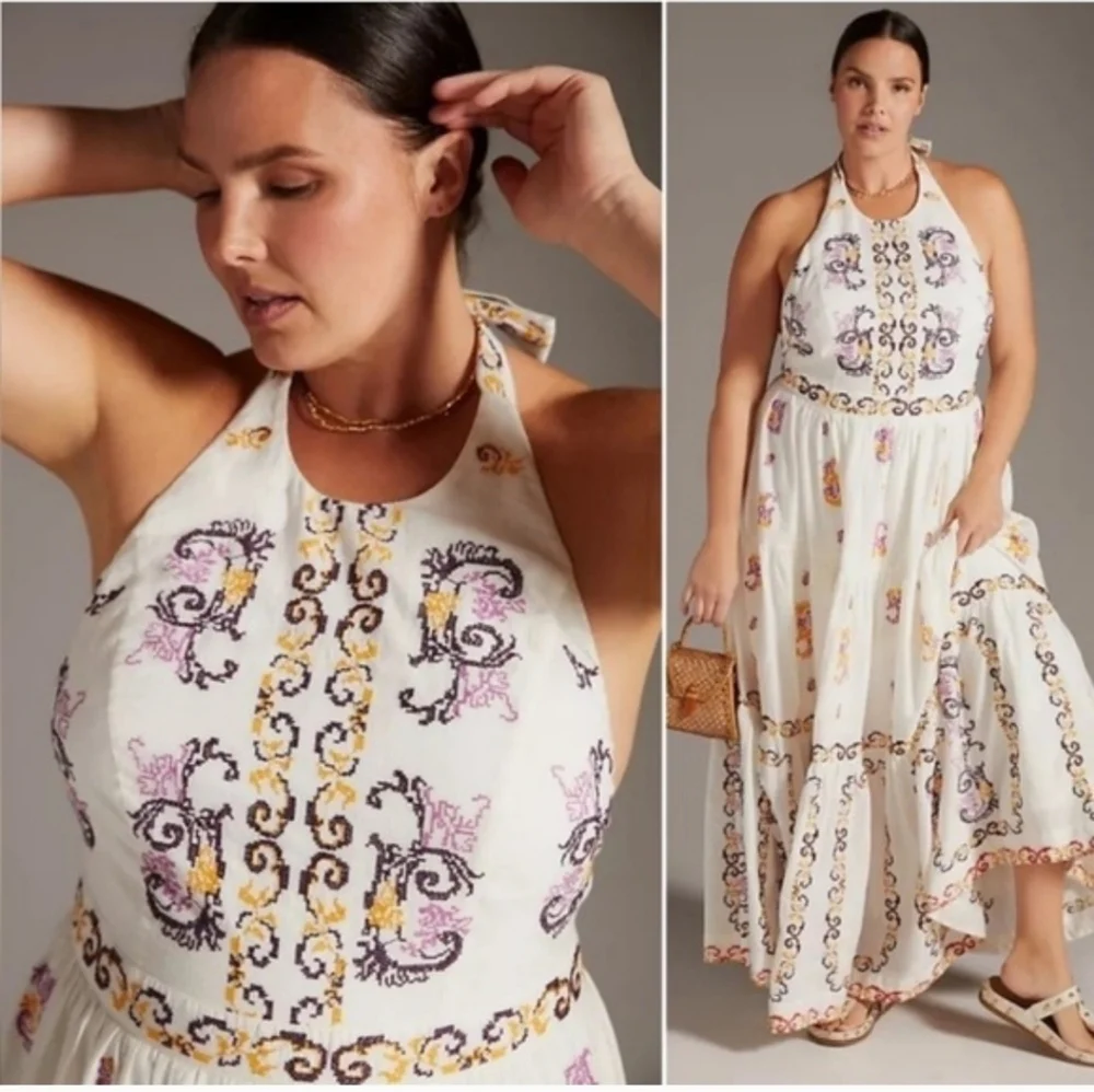 NWT Anthropologie Embroidered Halter Maxi Dress Size 12 In Ivory - Picture 2 of 14